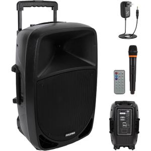 Pyle 1200W Portable Bluetooth PA Speaker - 12 Subwoofer, LED Battery Indicator Lights W/Built-In Rechargeable Battery, MP3/USB/SD Card Reader, and UHF Wireless Microphone - Pyle PSBT125A,Black