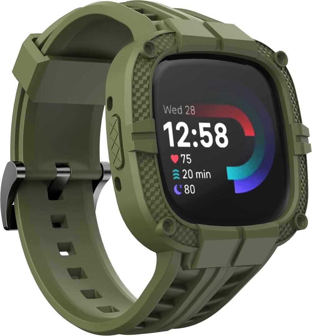 GELISHI Compatible for Fitbit Versa 4/ Fitbit Sense 2 Bands Men, Rugged Protective Case with TPU Sport Band Smartwatch Wristband Army Green