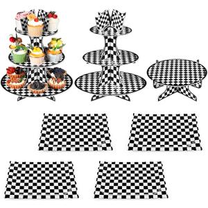 Zopeal 7 Pieces Racing Car Theme Cupcake Stand Set 3-Tier Cardboard Cupcake Display 1-Tier Cake Stand Round Dessert Display Rectangle Serving Tray Reusable Platters for Birthday Party
