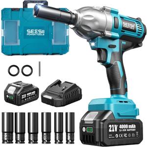 Seesii Impact Wrench 665 FT-LBS(900N.m) 3300IPM 1/2 Impact Gun High Torque Electric Impact Driver Cordless Impact Wrench with 21V 1x4.0Ah Battery 6 Sockets&Case for Home Car Tire Lug Nut Removal Tool