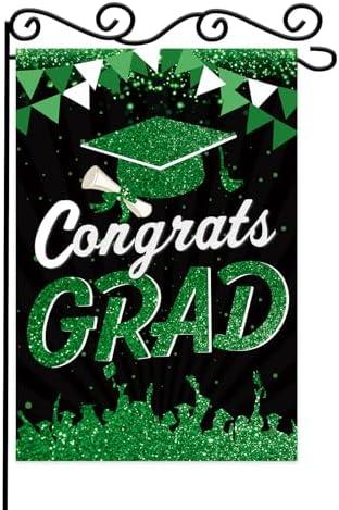 Congrats Grad Garden Flag, Graduates Caps Diploma Ceremony Class 2025 Yard Outdoor Decoration,12x18 Inch Double Sided Outside, GREEN , Pack of 9