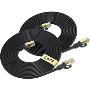BUSOHE Cat 8 Ethernet Cable 15 FT 2-Pack, 40Gbps 2000MHz Cat8 High Speed Flat Internet Network Patch Cord, SFTP Shielded LAN Wire with Gold Plated RJ45 Connector for Outdoor Indoor - 15FT Black