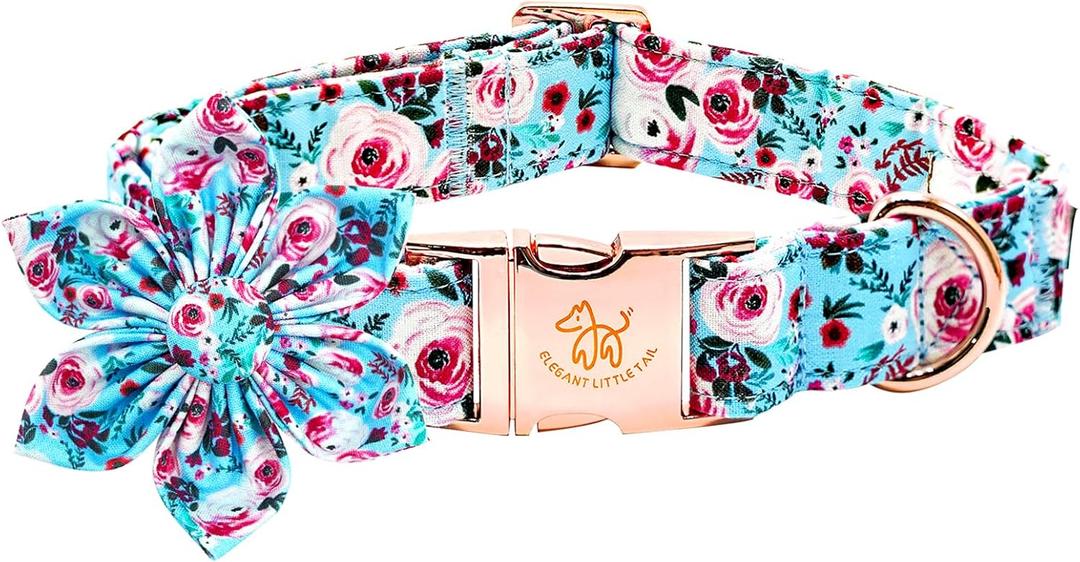 Elegant little tail Dog Collar with Flower, Pink Rose Print Pet Collar Flower Pet Collars Summer Cute Adjustable Dog Collars for Small Dogs