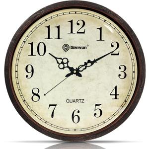 Geevon Vintage Brown Wall Clock, Silent 16" Non Ticking Wall Clock Battery Operated Retro Rustic Style Round Clock Decorative for Kitchen,Classroom,Bedroom,Living Room Decor