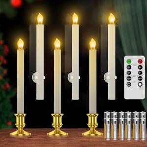 RONXS Window Candles, Flameless Taper Candles with Timer, Christmas Home Wedding Decor Battery Operated Flickering LED Candles with Remote Controls, Glod Candle Holders (6pcs Gold)