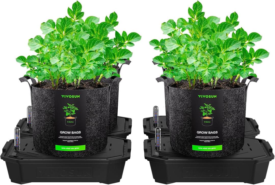 VIVOSUN 4-Pack FlexFeed Self-Watering Pots with Grow Bags, Auto Irrigation Fabric Pot Base with Water Meter & Maintenance Window, for Use Indoors/Outdoors in Grow Tents, Greenhouses, Gardens