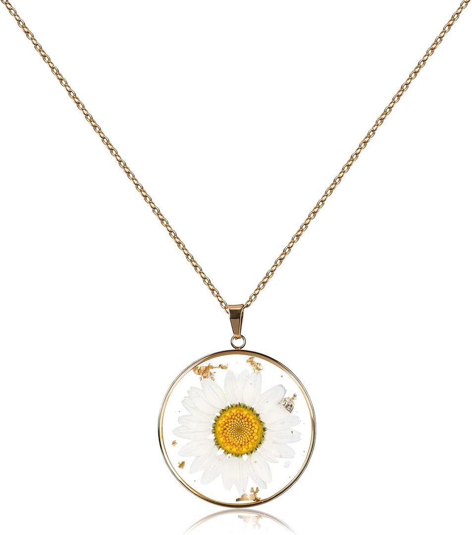 Pressed Daisy Flower Necklace for Women Gold Dainty Resin Pendant Necklace Hypoallergenic Personalized Handmade Floral Boho Jewelry