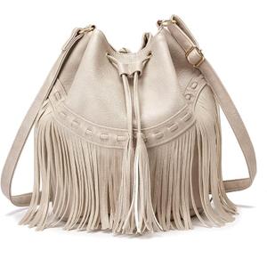 Leather Bucket Bags for Women Crossbody Fringe Purses with Drawstring Ladies Tassel Hobo and Shoulder Handbags