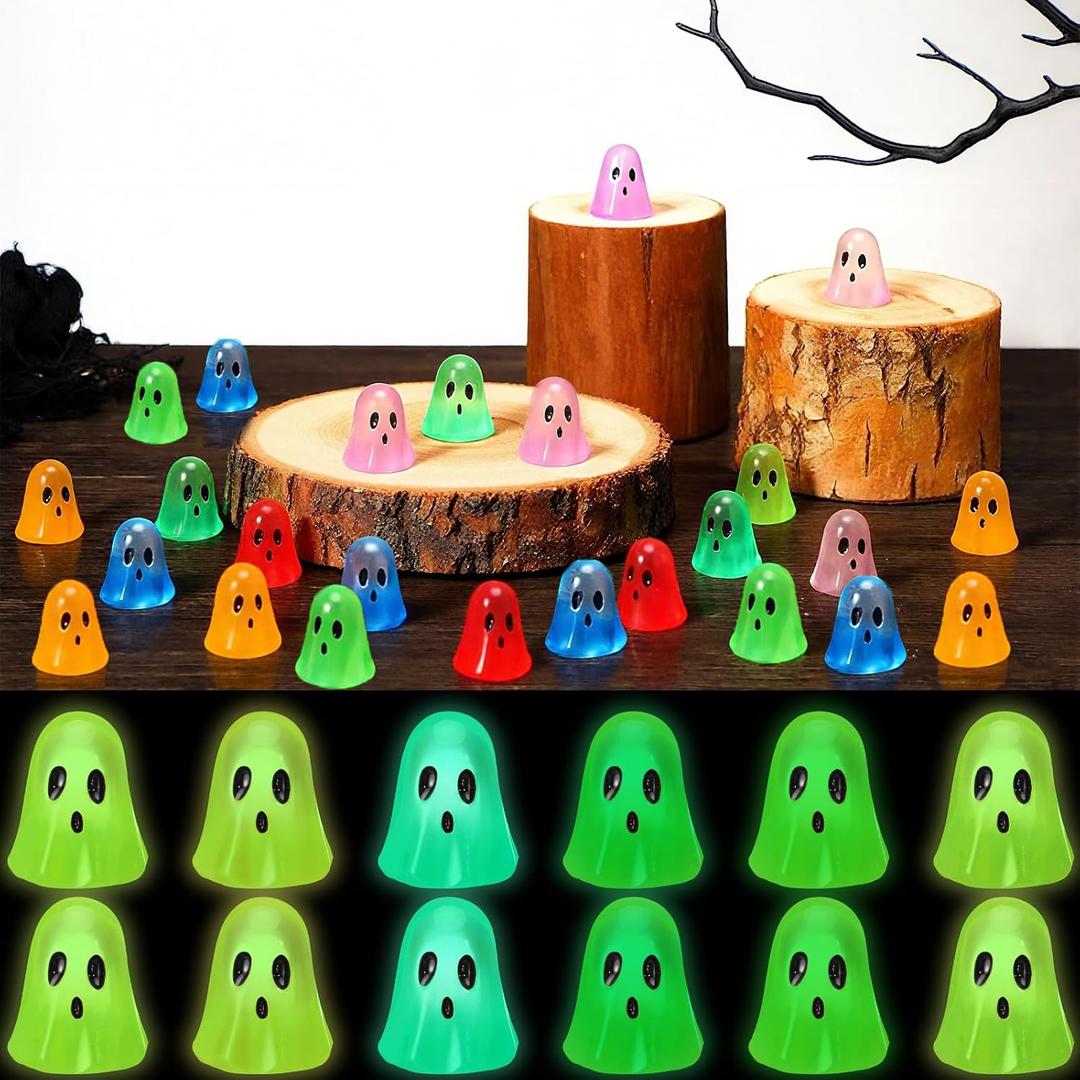 Realspring 90 Pcs Halloween Mini Resin Ghosts Small Ghost Figurines Glow in The Dark Miniatures for Spooky Tiered Tray Decor Home Tabletop Shelf Centerpieces Halloween Party Favors