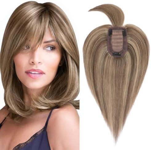 Rich Choices 100% Real Human Hair Topper with Bangs - Real Remy Hair Topper for Women Thinning on Top, 5.1x2.7 Inch Clip In Silk Base Hair Piece 6 Inch #4P27 Medium Brown Highlight Dark Blonde