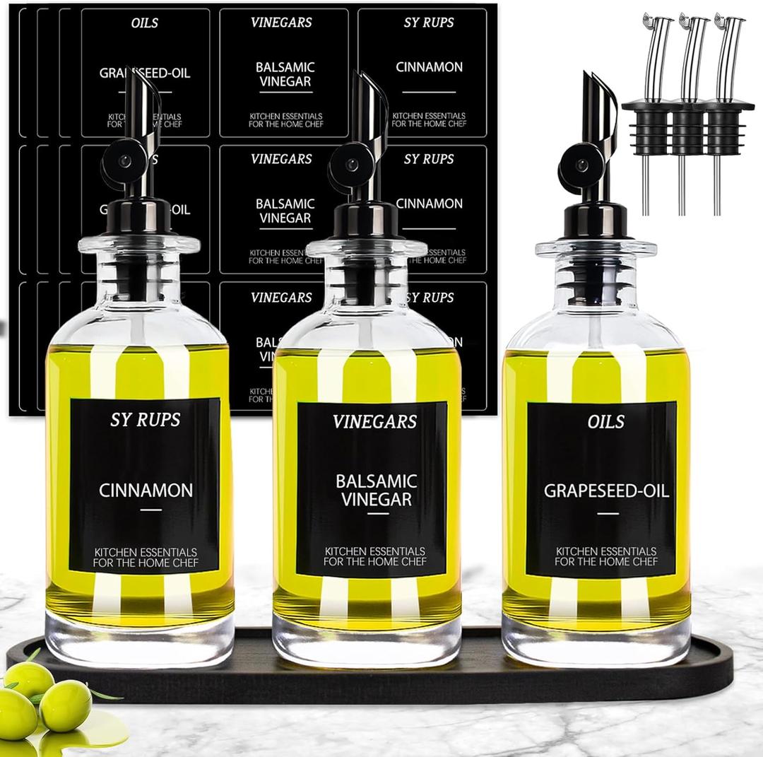 3PCS Olive Oil Dispenser Bottle For Kitchen, Soy Sauce Dispenser, Glass Oil and Vinegar Dispenser Set W. Wooden Tray & Labels & 3 Replacement Spouts, Coffee Syrup Dispenser(Clear)