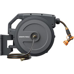 Giraffe Tools Heavy-Duty Wall-Mounted Hose Reel, 5/8" x 90 ft Retractable Hose with Automatic Rewind, 180 Swivel, Any-Length Lock & 9-Pattern Nozzle (Dark Grey)