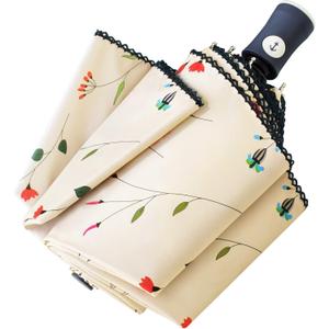 Cuby Travel Umbrella Compact Folding Auto Open and Close for Windproof, Rainproof & 99.9% UV Sun Protection Parasol with Black Anti-UV Coating (Flowers)