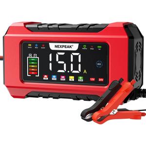 NEXPEAK NC215 15-Amp Battery Charger, 12V 24V LiFePO4 Lead Acid Portable Car Battery Charger 9-Stage Trickle Charger Smart Battery Maintainer w/Temp Compensation for Car Truck Lawn Mower Boat Marine