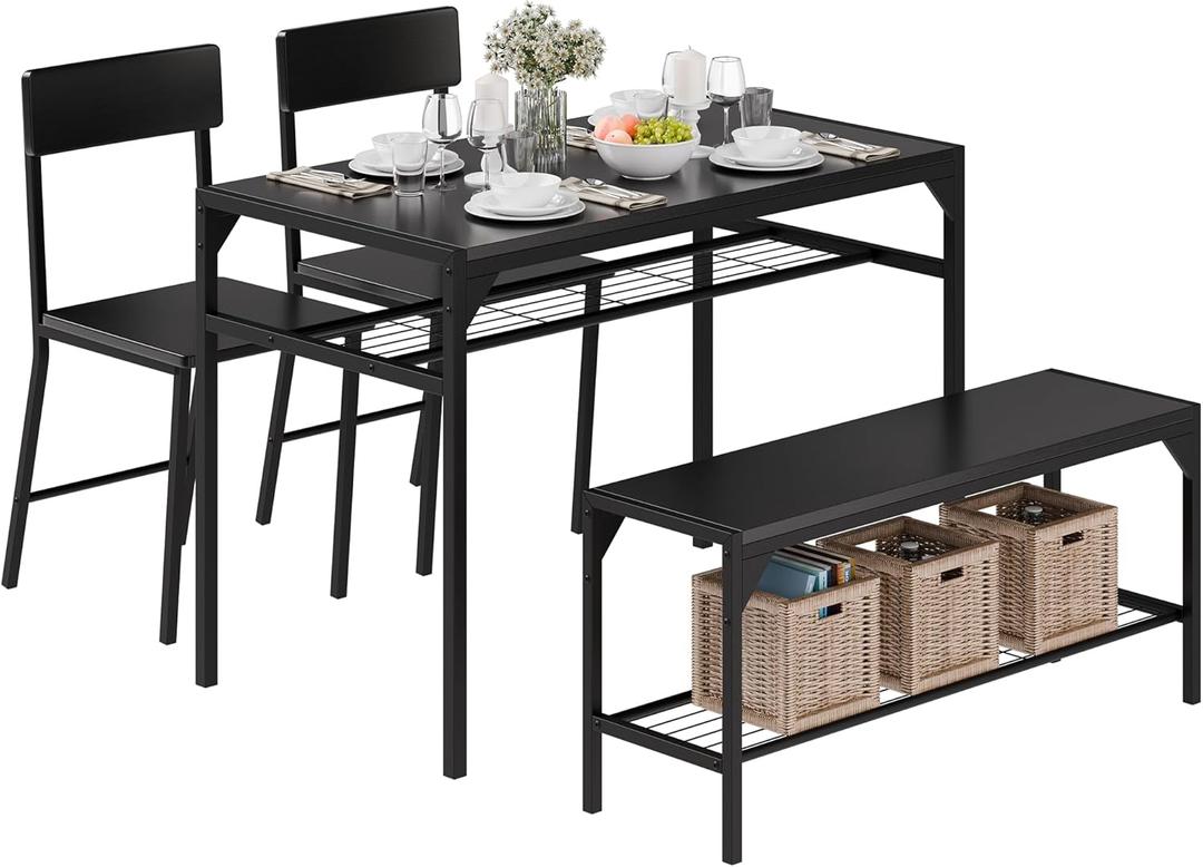 Meilocar Dining Table Set for 4, Wooden Kitchen Table with 2 Chairs and Bench, 4 Piece Dining Table Set with Storage Racks, Industrial Kitchen Table Set for Kitchen, Dining Room Black