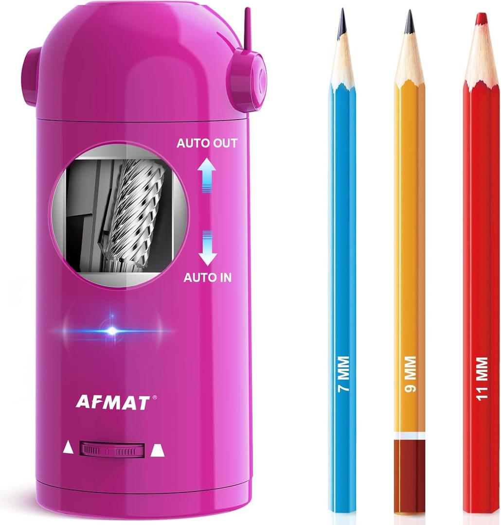 AFMAT Electric Pencil Sharpener, Fully Automatic Pencil Sharpener for Classroom, 7-11.5mm Colored/Jumbo Pencils, Auto in & Out, Rechargeable Hands-Free Sharpener for Home Office PSX5, Pink