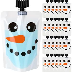 Chengu 24 Pcs Winter Snowman Drink Pouches 5 oz Portable and Reusable Adults Juice Bags with Lid Leak Proof Plastic Bags for Winter Party Favors Holiday Beverages Travel(24 Pcs)