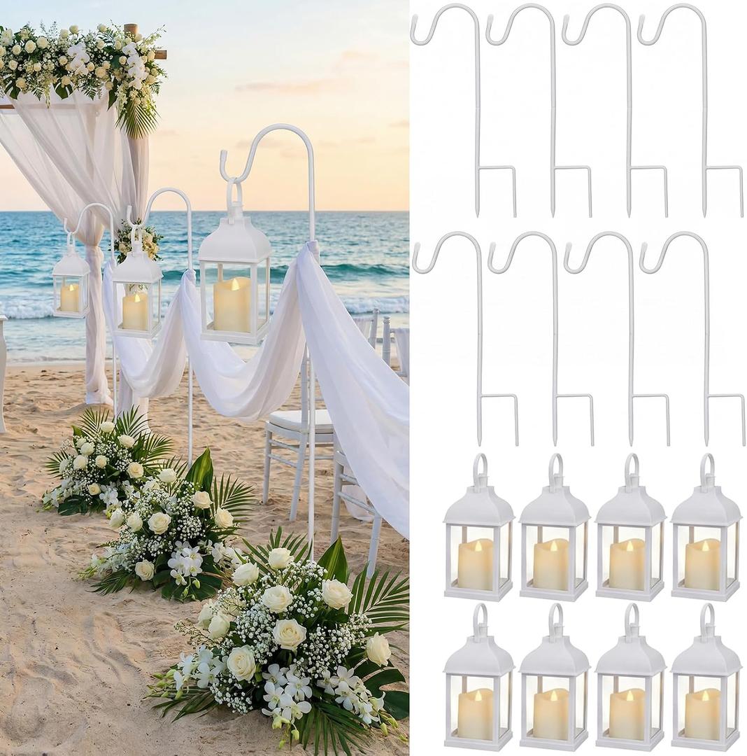 Novabright 8 Sets Wedding Lantern Aisle Decoration Including 8 Pcs White Lantern with LED Candle and 8 Pcs 32'' High Shepherds Hooks for Outdoor Wedding Weddings Holiday Decoration