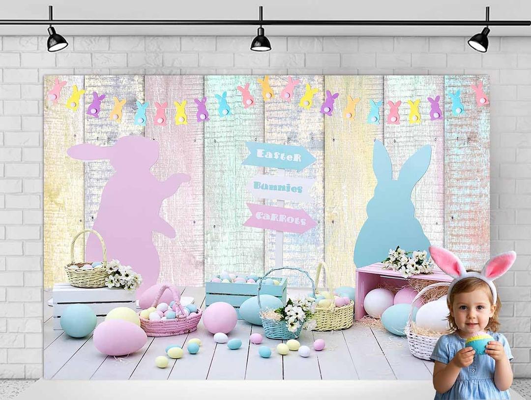 Easter Photo Prop 7x5ft Durable Fabric Spring Easter Backdrops for Photography Colourful Wood Floor Eggs Happy Bunny Rabbit Rustic Wooden Wall Backdrop