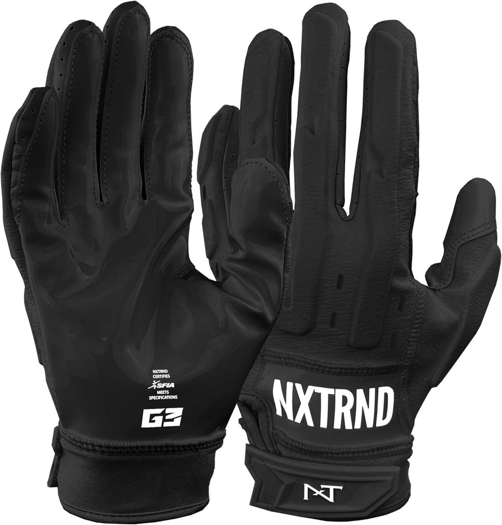 Nxtrnd G3 Pro Padded Football Gloves, Sticky Padded Receiver & Lineman Gloves (Black, Large)