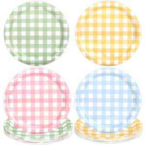 64 Pcs Gingham Dessert Paper Plates Set - 9 Inch 4 Color(Red/Blue/Green/Yellow) Disposable Round Paper Plate - Disposable Gingham Party Supplies - For Picnic Wedding Birthday