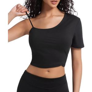 Crop Tops for Women Cute One Shoulder Tee Short Sleeve Going Out Shirts with Adjustable Strap and Playful Hem, Black, M