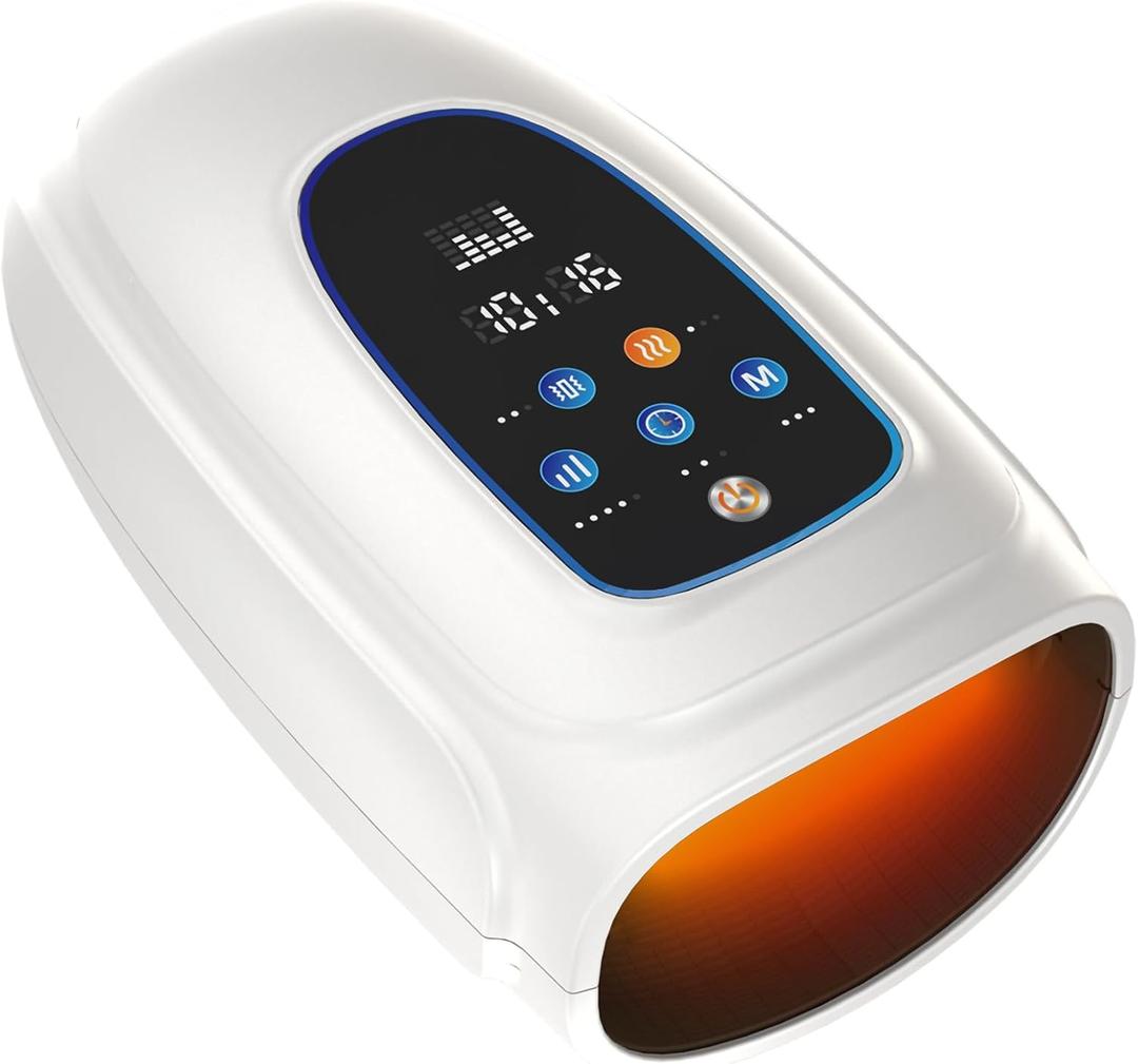 Hand and Wrist Massager with Heat, Air Compression and Gentle Vibration, 3 Modes, 5 Intensities, LCD Display, Cordless Hand Relaxation Massager for Daily Relaxation (White)