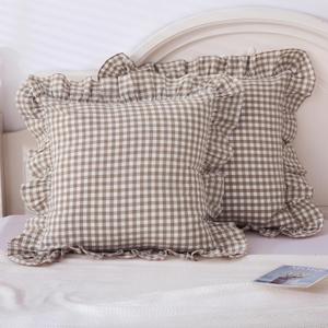 Taupe Plaid Ruffle Decorative Throw Pillow Covers for Couch 20"x20",2 Pack Vintage Checkered Washed Cotton Pillowcases for Bed, Sofa, Living Room