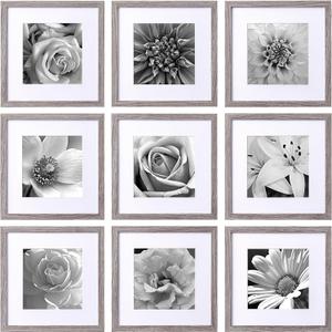 eletecpro 12x12 Picture Frames Set of 9 with Mat for 8x8 Photos or without Mat for 12x12, Square Gallery Wall Decor Collage for Picture Display, Grey Frame Set for Wall Hanging