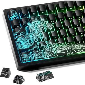 HITIME x XVX Kanagawa Keycaps 60 75 100 Percent - Shine Through Keycaps w/IMD Tech, for Mechanical Keyboards, Full 118 Key Set, OEM Profile, Lines Backlit, Side Printed - Black