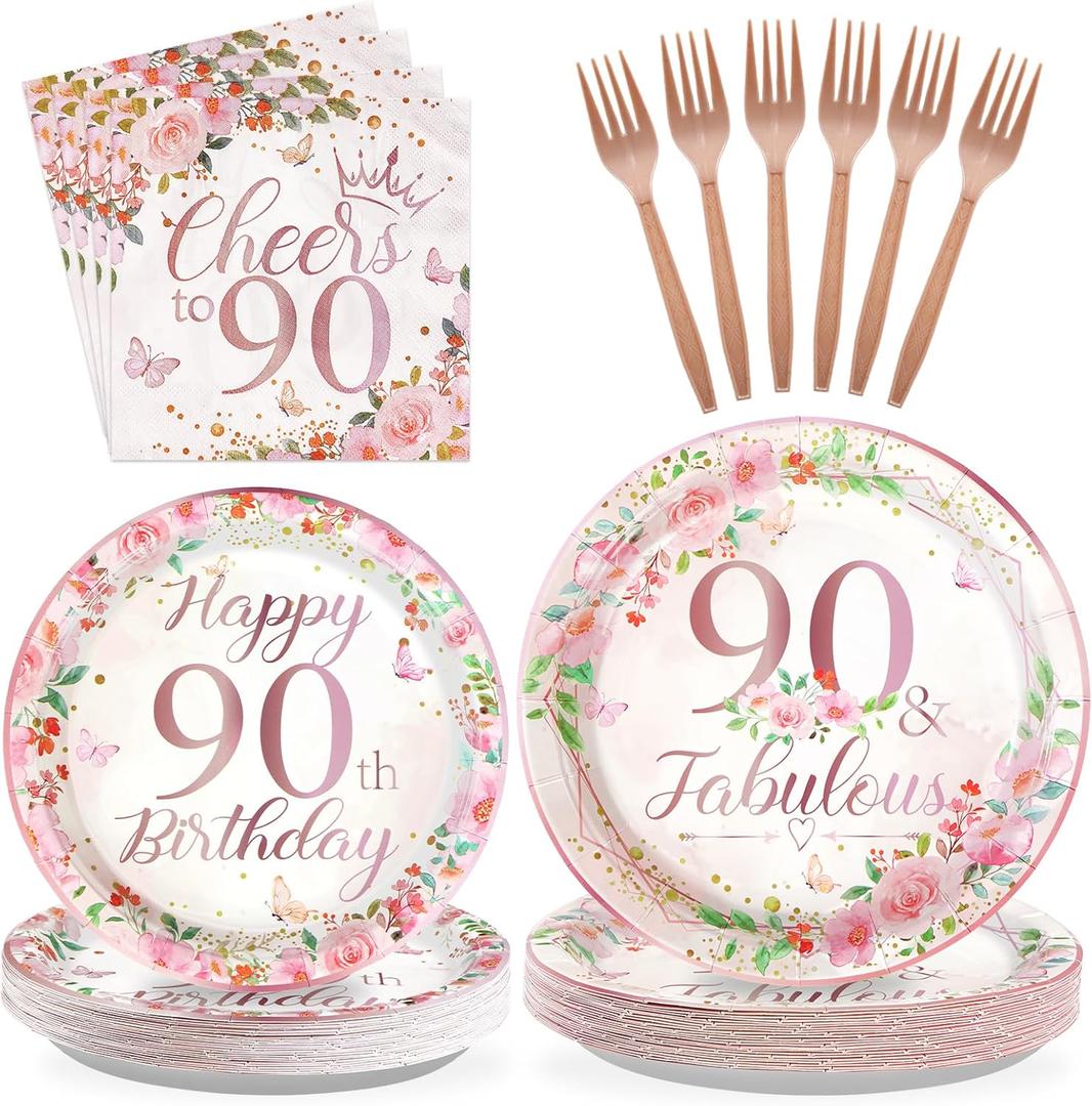 96 Pcs 90th Birthday Party Decorations for Women Rose Gold Floral 90th Birthday Plates and Napkins Tableware Sets 90 and Fabulous Party Supplies for 90 Years Old Birthday Party Favors Serves 24