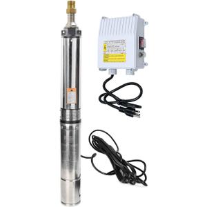 4" Deep Well Submersible Pump, 1/2 HP, 110V, 60 Hz, 25 GPM,207FT Max Head, 33FT Power Cord,Stainless Steel Submersible Well Pump with External Control Box, Check Valve & Outlet,ON/OFF Switch