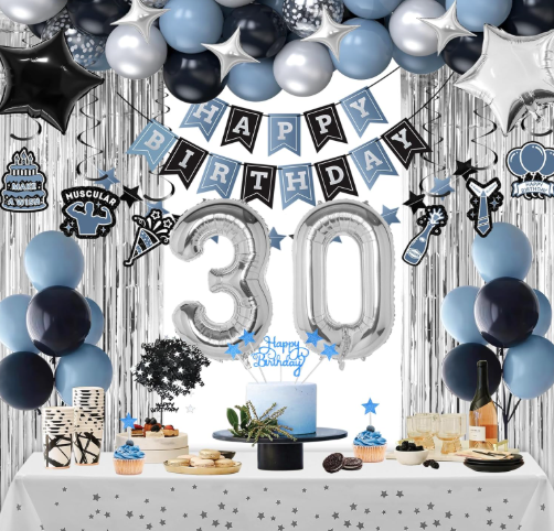 30th Birthday Decorations, Dusty Blue 30 Birthday Decorations for Men Women, Blue Sliver Black Birthday Party Decor with Happy Birthday Banner, Number Balloons, Foil Balloons, Swirl