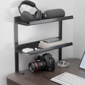 Delamu 2-Tier Clamp On Desk Shelf, 14.2in Desktop Shelf Organizer, Under Desk Cable Management Tray Storage, Table Extender Attachment Shelves for Workspace & Gaming Accessories, Black