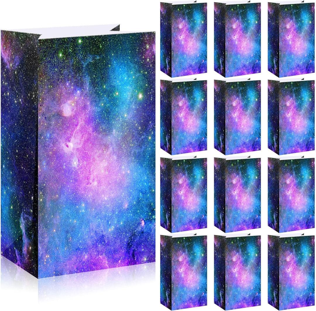 Containlol 28 Pack Galaxy Party Favor Paper Bags, Space Galaxy Print Candy Favor Bags Goodie Popcorn Treat Solar System Planet Present Wrapping for Birthday Space Party Supplies