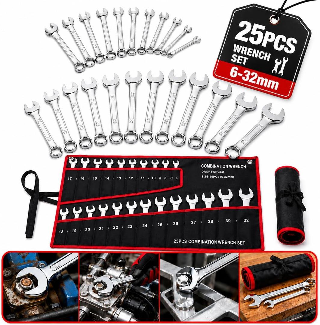 NOLITOY 25-Piece Double-Ended Wrench Set with Canvas Roll Bag | High Carbon Steel Wrenches, Precise Fastener Contact, Organized Wrench Kit for Garage, Plumbing, Automotive, and Home Repairs
