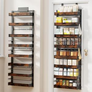 8 Tier Over The Door Pantry Organizer, 2 IN 1 Wall Mount or Metal Hanging Spice Rack for Pantry Organizers and Storage, Seasoning ShelvesAdjustable Basket with Hooks for Kitchen Cabinet and Closet (Black)