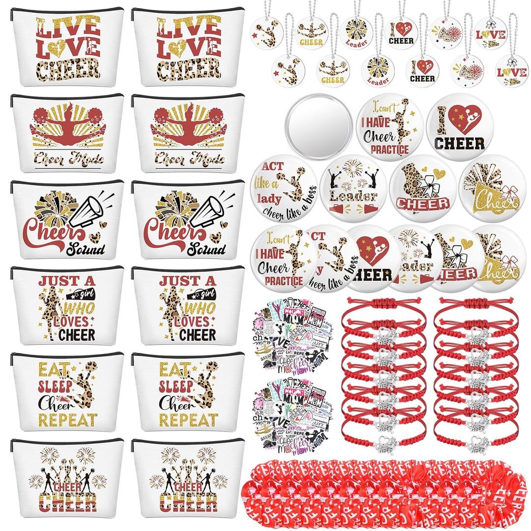 Lyrow 160 Pcs Cheerleader Gifts Bulk for Team Cheer Scrunchies Hair Ties Makeup Bag Cheer Mirror Bracelet Keychain Sticker for Christmas Cheerleader Gift Back to School(Red)