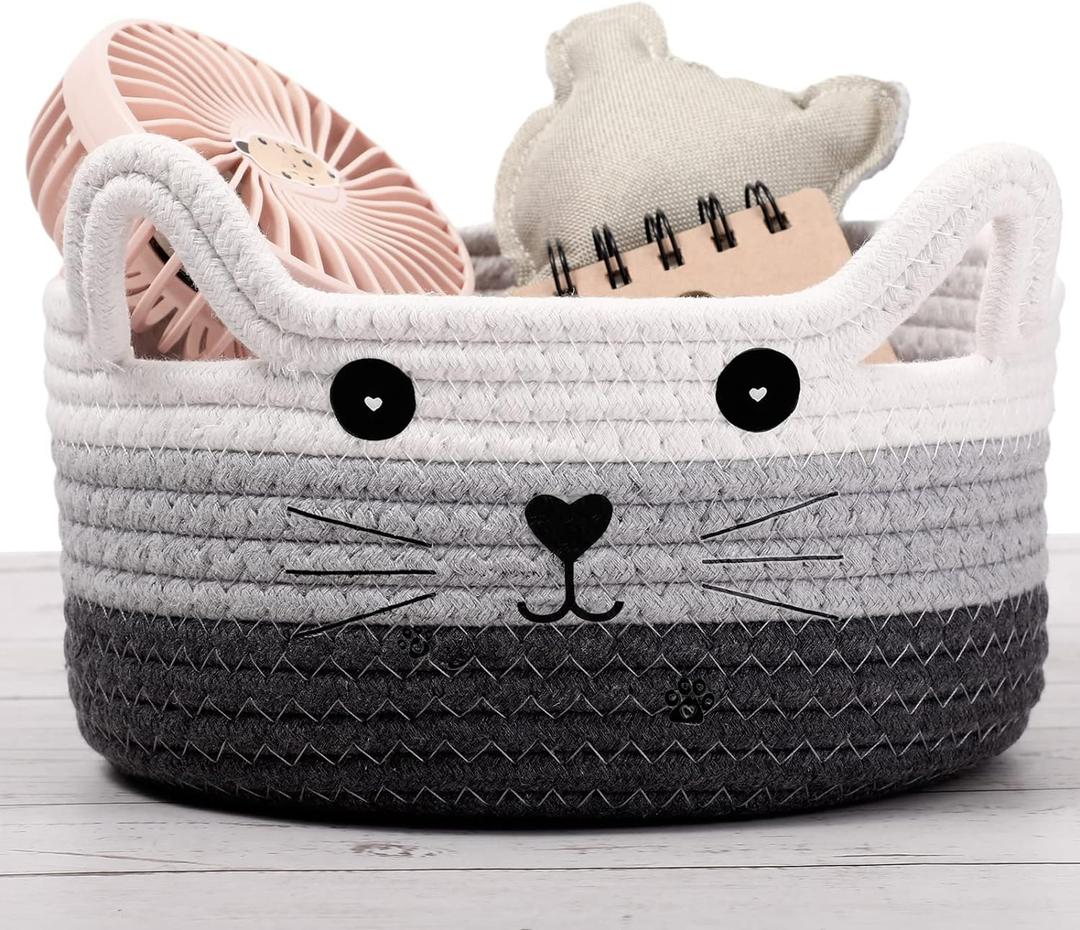 Zopeal Cat Basket Storage Woven Organizer with Ears Decorative Pet Toy Cute Cotton Rope Basket for Gift Cat Dog Toy Bin Nursery Room(8.3 x 4.7 Inch,White, Light Gray and Gray)