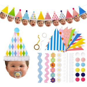 DIY 1st Birthday Baby Face Banner Craft Kit - Personalized Photo Garland for Girl or Boy - Includes 12 Triangles & Decorations (Need to Print Photos & Assemble)