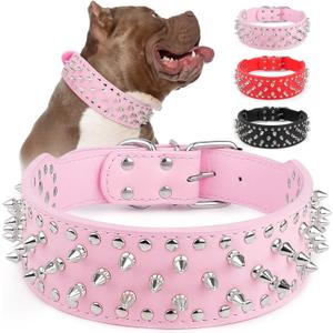 Epesiri Adjustable Wide Spiked Dog Collar, Mushroom Rivet PU Leather Cat Dog Collars, Durable Spike Studded Pet Collar for PitBull Mastiff Bulldog Pugs Husky Rottweiler, Pink, Small