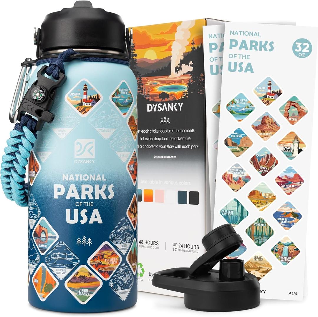 National Parks Water Bottle  32 oz Insulated Stainless Steel Water Jug with 64 Park Stickers, Outdoor Accessories & Gift Box  BPA-Free  Ideal for Hiking, Camping & Travel (Gradient Blue)