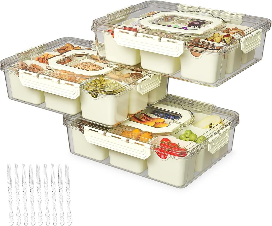 REBECAT Divided Serving Tray with Lid and Handles 9 Compartments Snack Box Container Charcuterie Organizer Snackle Box Container for Candy, Nuts，Fruits, Snacks, 3 Pack, Beige