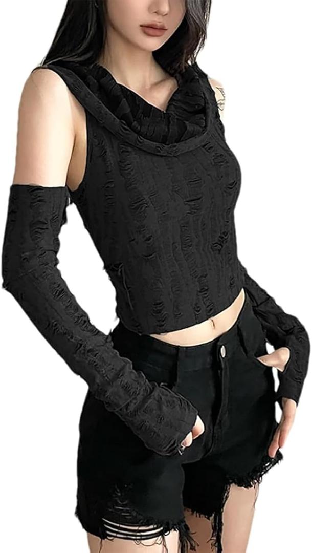 QJK Hooded Off Shoulder Gothic Bodycon Crop Top with Sleeve (Black, L)