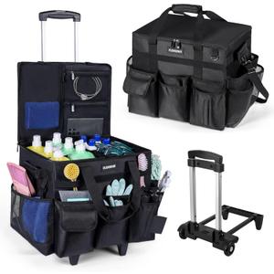 Large Rolling Cleaning Caddy Bag with Detachable Trolley,Cleaning Cart on Wheels with Shoulder Strap,Cleaning Supplies Organizer for Housekeepers,Black