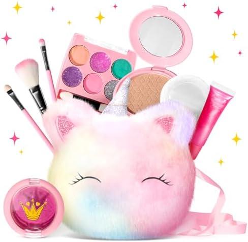ULOVEME Kids Washable Makeup Kit for Girls 4-6 with Small Coin Purse(5.5x5.25in) - Real, Non Toxic Make Up Toy Gift- Umicorn Gift Set (Rainbow Coin Purse)