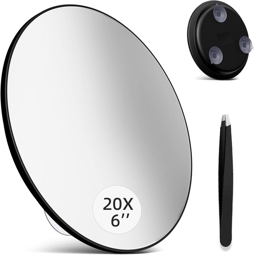 Large 6" 20X Magnifying Mirror with Tweezers, Travel Magnified Mirror 20x with Suction Cups, High Magnification Mirrors 20 x for Detailed Make up, Black--20x