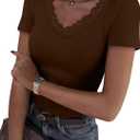 Womens Lace V Neck Tops Short Sleeve Ribbed Knit Top Summer Slim Fit Casual T Shirts Blouse (Brown, L)