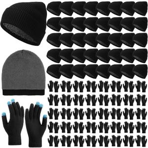 80 Pcs Winter Ski Beanies Gloves Bulk Unisex Touchscreen Knit Gloves Thick Fleece Hats Combo Pack for Homeless Men Women