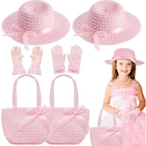Zhanmai 6 Pcs Girls Tea Party Hats Accessories Set Kids Tea Party Bonnets Hats and Gloves Purses for Girls Dress up Favors